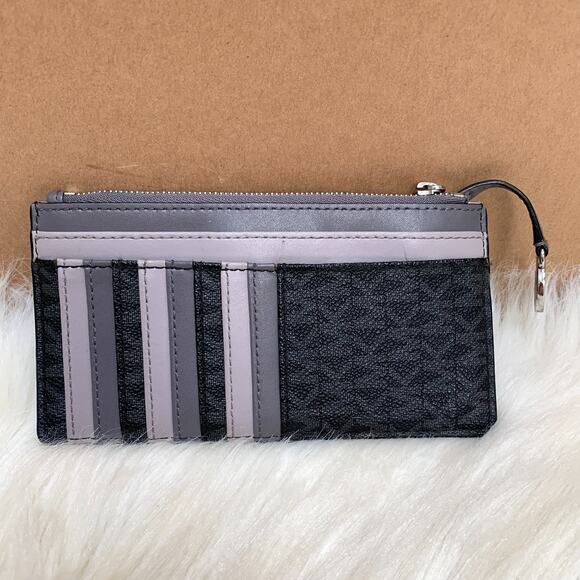 MICHAEL KORS Jet Set Travel Black/Gray Logo Flat Euro Card Case Wallet w/Keyring - Picture 8 of 15